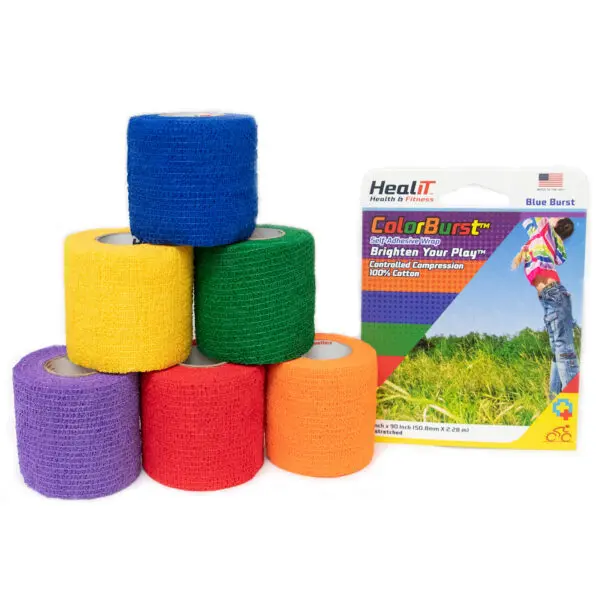 Six rolls of self-adhesive compression wrap stacked beside a ColorBurst bandage package.