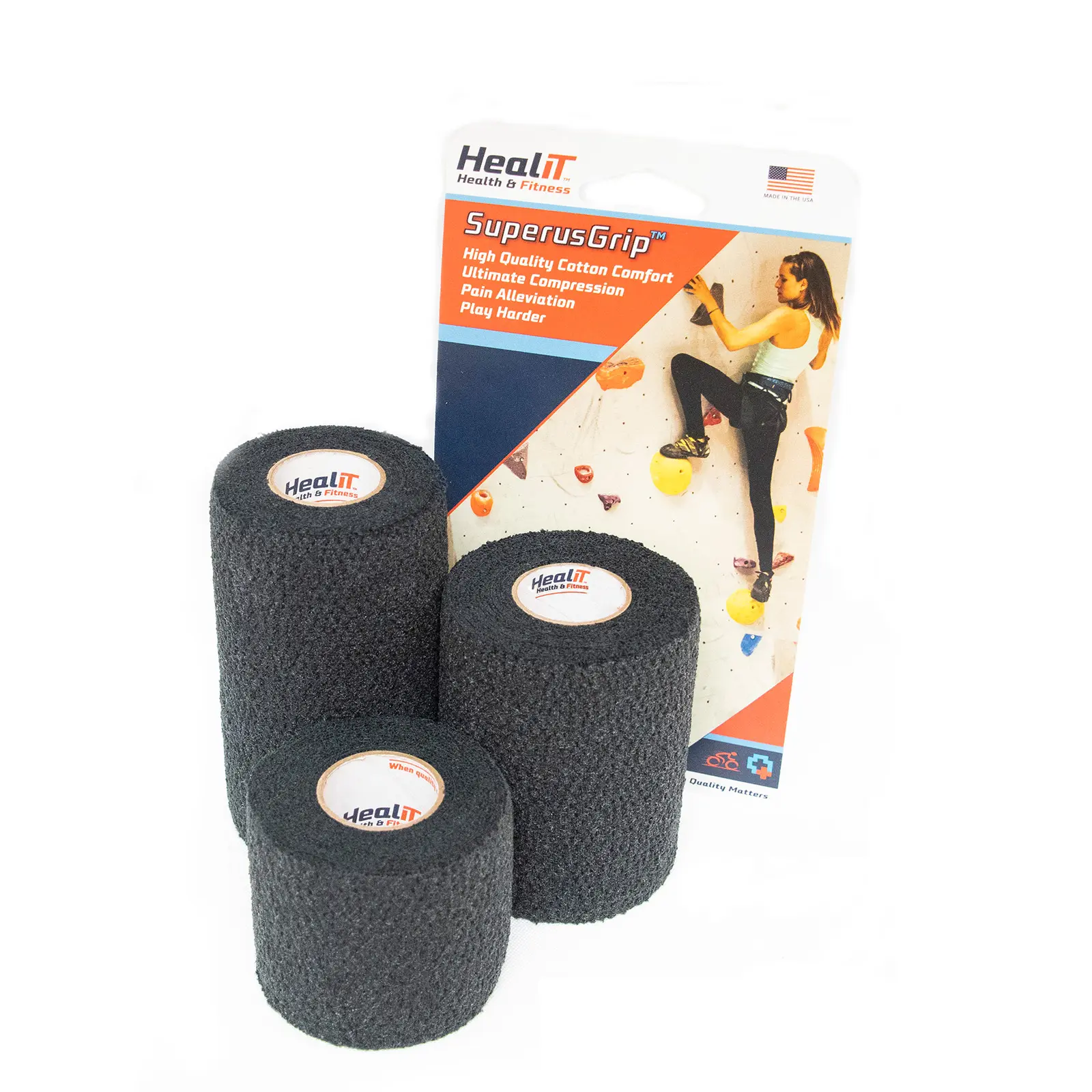 Three rolls of black HealIT Superus Grip cotton compression wrap are displayed in front of the product packaging, which features a woman climbing a rock wall.