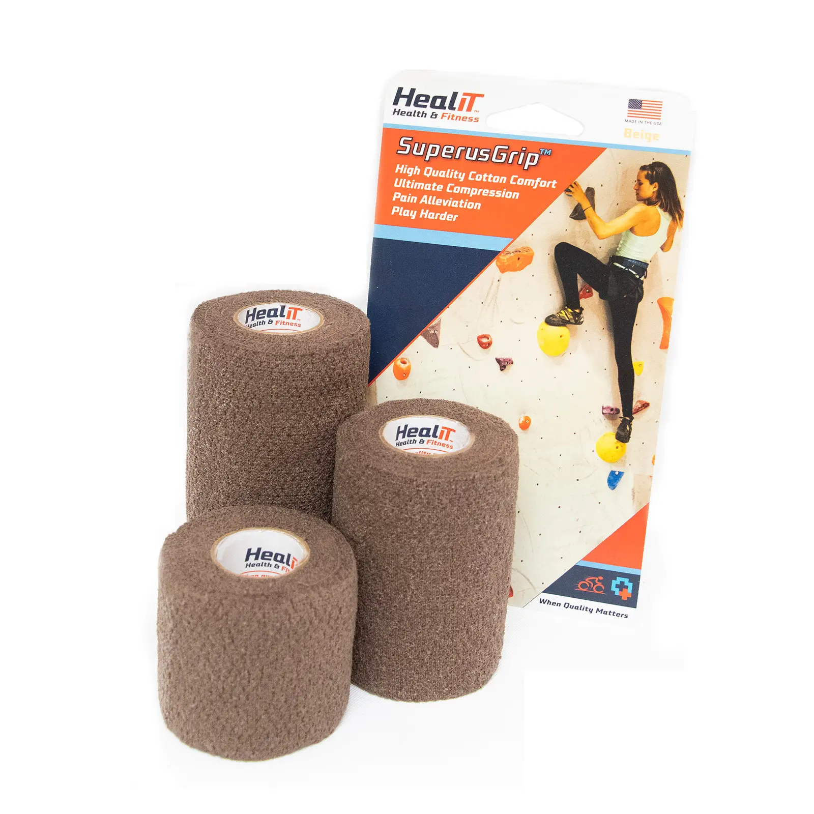 Three rolls of brown athletic tape and compression wrap are displayed in front of HealIT SuperusGrip packaging, featuring a woman climbing a rock wall.