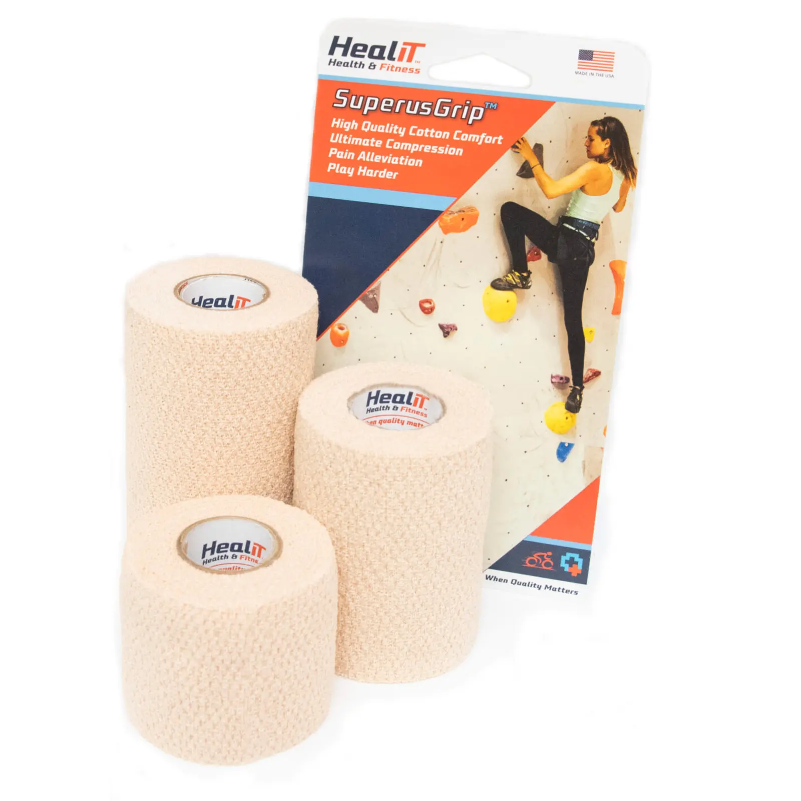 Three beige elastic compression wrap bandage rolls are shown in front of HealIT SuperusGrip packaging, which features a woman rock climbing and product details.