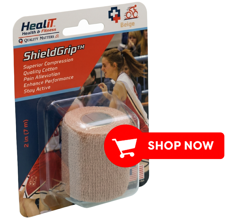 A ShieldGrip™ Compression Wrap, beige, 2" x 7m, shown next to a Shop Now button.