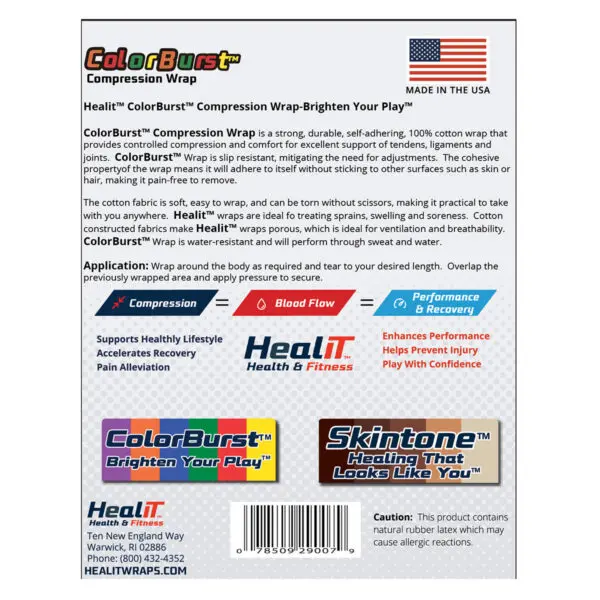 Back of a ColorBurst compression wrap package showing product information, features, and benefits of the compression wrap, instructions for use, contact details; includes American flag and color-themed branding.