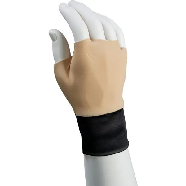 A mannequin hand wearing a beige compression glove with exposed fingertips, featuring a supportive compression wrap design.