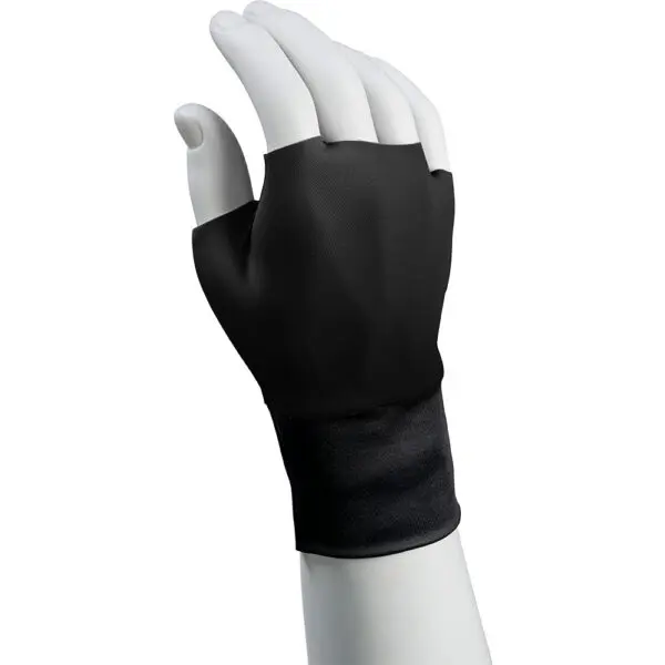 A white mannequin hand displays a black, fingerless compression wrap or glove covering the wrist and part of the hand.