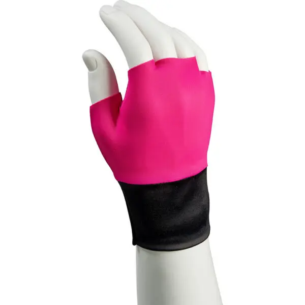 A white mannequin hand wearing a fingerless pink compression glove