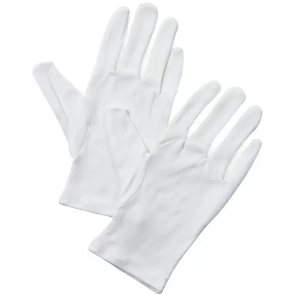 A pair of white cotton gloves, resembling a compression wrap, lying flat on a white background, with one glove slightly overlapping the other.