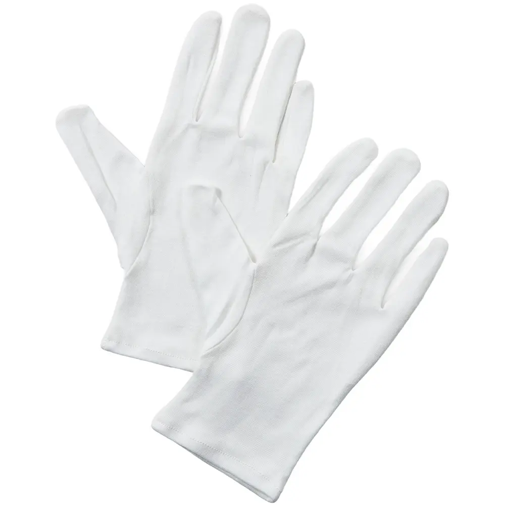 A pair of white cotton gloves, resembling a compression wrap, lying flat on a white background, with one glove slightly overlapping the other.