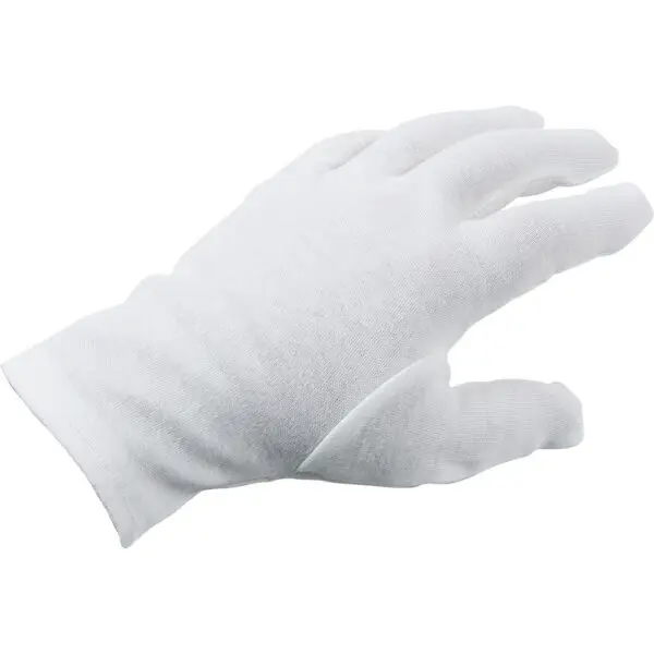 A left hand wearing a plain white cotton glove, fingers slightly bent, is shown against a white background, resembling the look of a compression wrap for gentle support.