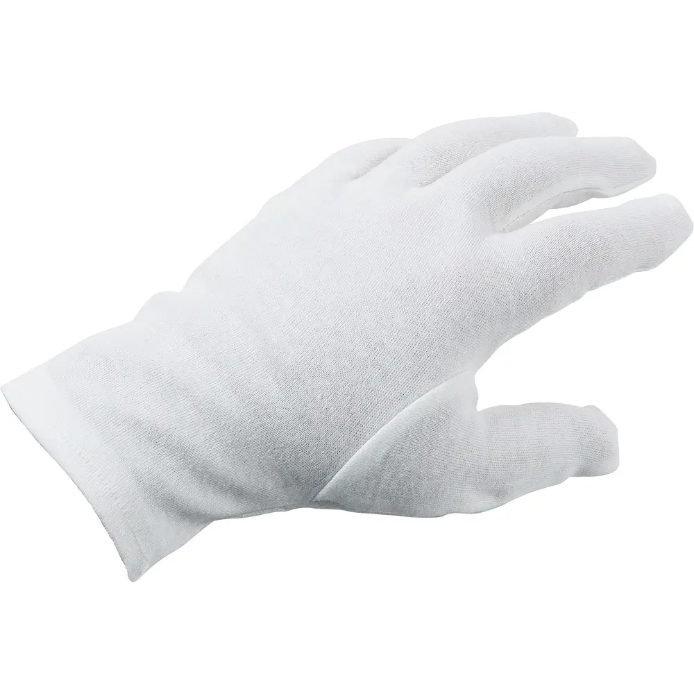 A left hand wearing a plain white cotton glove, fingers slightly bent, is shown against a white background, resembling the look of a compression wrap for gentle support.