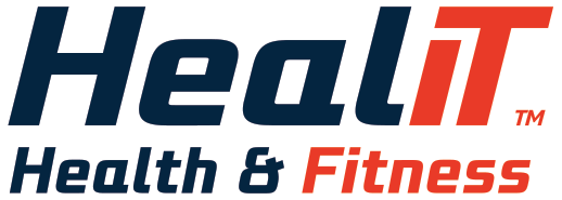 Logo displaying the text HealIT Health & Fitness, with HealIT in large font and Health & Fitness in smaller font below, featuring a subtle compression wrap graphic for a modern fitness touch.