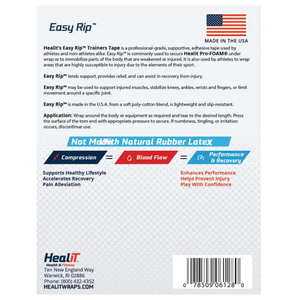 Back of Easy Rip Trainers Tape packaging featuring product description, usage instructions, benefits of compression wrap application, an American flag, and the HealIT logo with contact information at the bottom.