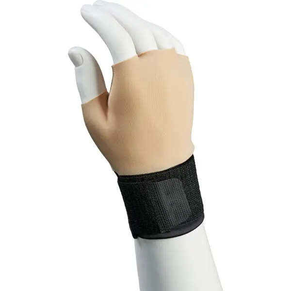 A mannequin hand wearing a beige compression glove with a adjustable wrist strap, featuring a secure compression wrap for added support.