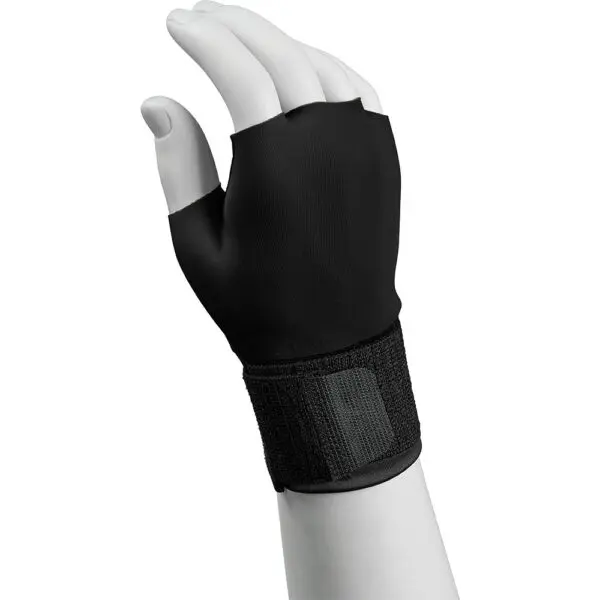 A mannequin hand wearing a black compression glove with a wrist strap and compression wrap for added support.