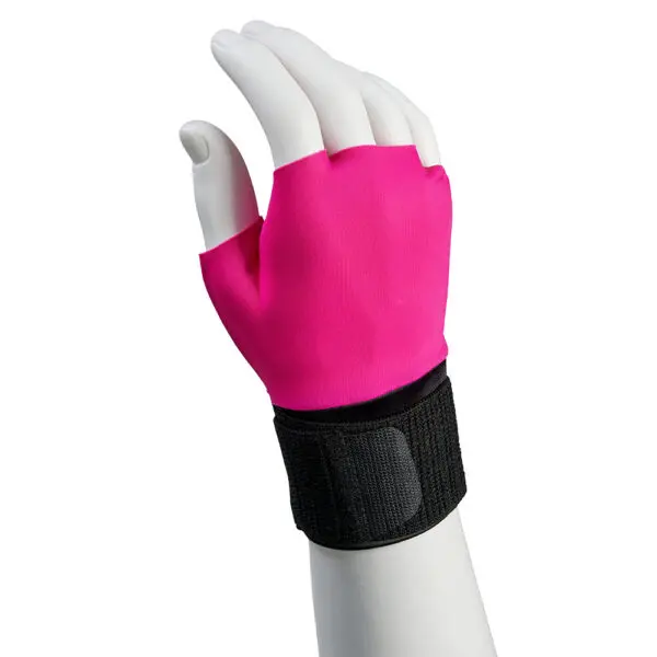 A mannequin hand is wearing a bright pink fingerless glove with a adjustable wrist strap, resembling a stylish compression wrap.