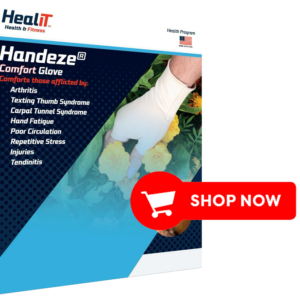 A gardener wearing a white glove is shown; an ad overlay promotes the Handeze Comfort Glove for arthritis and hand pain relief, featuring a red Shop Now button.