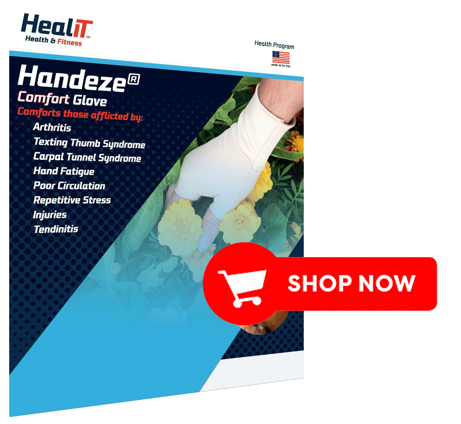 A gardener wearing a white glove is shown; an ad overlay promotes the Handeze Comfort Glove for arthritis and hand pain relief, featuring a red Shop Now button.