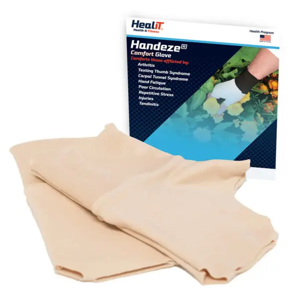 Compression gloves for arthritis are displayed in front of a Handeze Comfort Glove package, which lists uses for arthritis, carpal tunnel, hand fatigue, and other hand conditions.