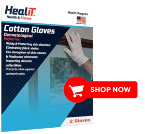 A person in white HealiT Cotton Gloves adjusts a framed picture. Packaging highlights health and compression features, plus usage info. A red "Shop Now" button is displayed.