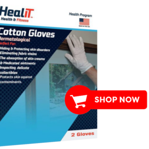 A person in white HealiT Cotton Gloves adjusts a framed picture. Packaging highlights health and compression features, plus usage info. A red "Shop Now" button is displayed.