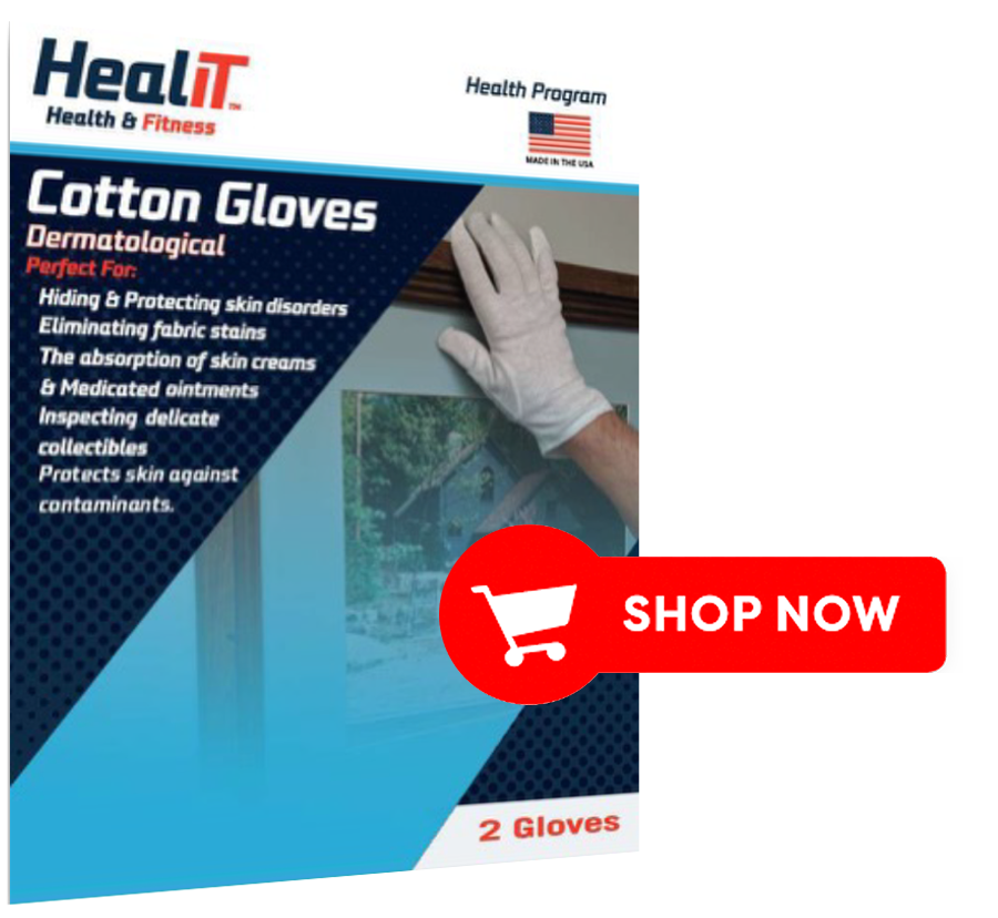 A person in white HealiT Cotton Gloves adjusts a framed picture. Packaging highlights health and compression features, plus usage info. A red "Shop Now" button is displayed.