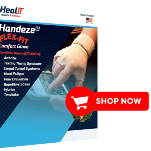 A person wearing a beige Handeze Comfort Glove uses a smartphone. The ad highlights relief for arthritis and hand fatigue, with a prominent red Shop Now button visible.
