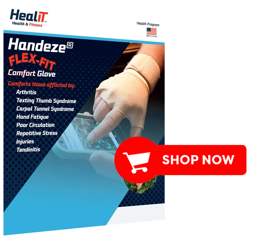 A person wearing a beige Handeze Comfort Glove uses a smartphone. The ad highlights relief for arthritis and hand fatigue, with a prominent red Shop Now button visible.