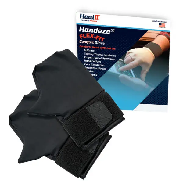 A pair of comfort gloves is displayed alongside packaging labeled Handeze Flexfit Glove, which promotes its use as a therapeutic glove for arthritis, hand fatigue, and related conditions.