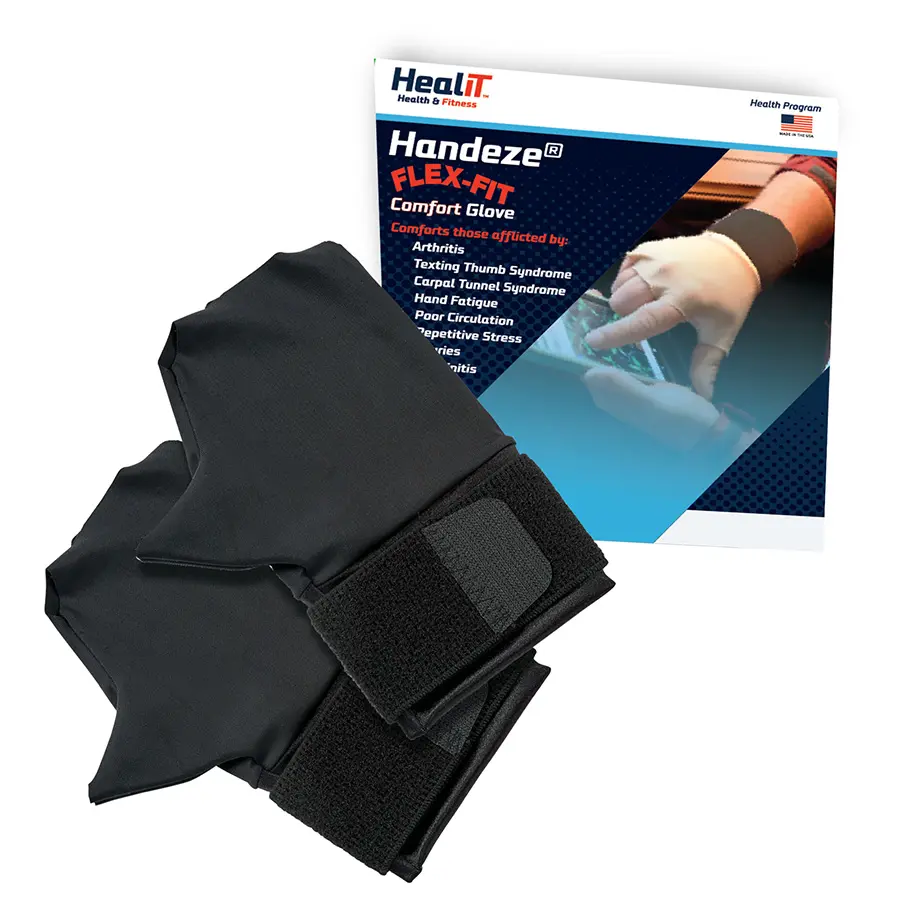 A pair of comfort gloves is displayed alongside packaging labeled Handeze Flexfit Glove, which promotes its use as a therapeutic glove for arthritis, hand fatigue, and related conditions.