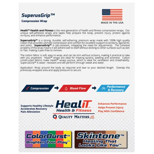 Product information sheet for SuperusGrip™ compression wrap, listing features, benefits, usage instructions, and color options with logos and icons for health, fitness, and compression wrap performance.