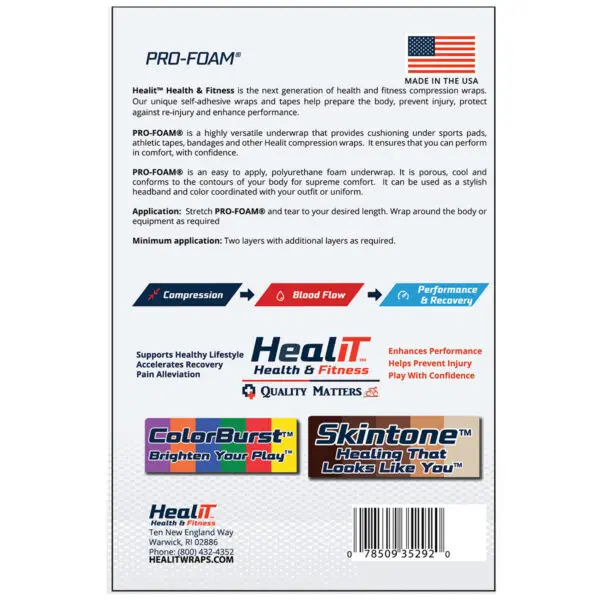 Back packaging of HealIT PRO-FOAM compression wrap, featuring product benefits, key features, usage instructions, and manufacturer contact info—all clearly displayed alongside flags and logos.