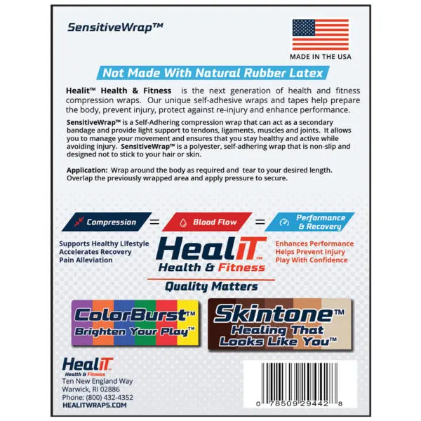 Back of a HealIT Health & Fitness bandage package with product information, usage instructions, and branding text. Features an American flag and barcode at the bottom right, highlighting its function as a compression wrap for effective support.