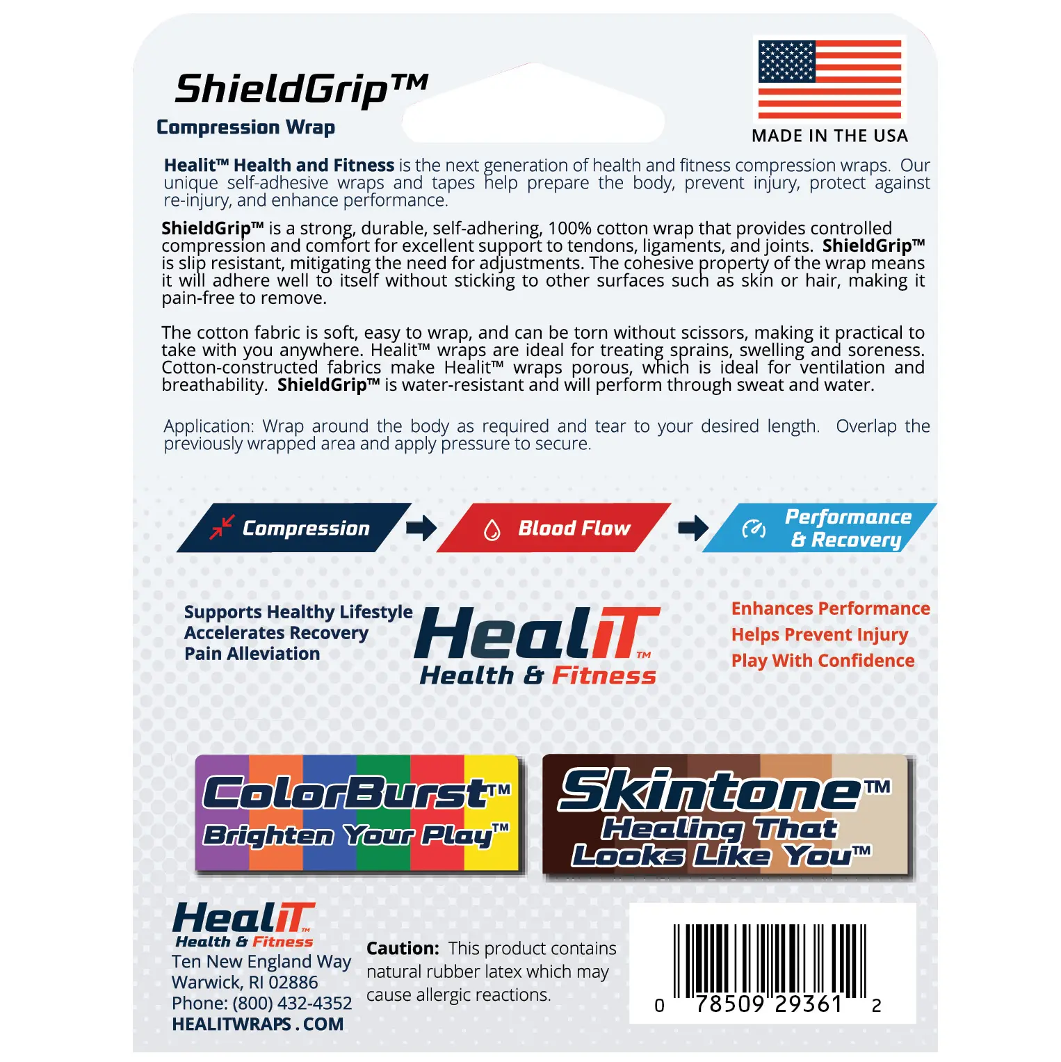 Back of a ShieldGrip compression wrap package featuring product details, usage instructions, benefits of the compression wrap, company contact information, barcodes, and various logos.