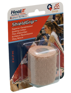 A packaged roll of beige compression wrap bandage labeled ShieldGrip for pain relief and support, displayed in retail packaging.