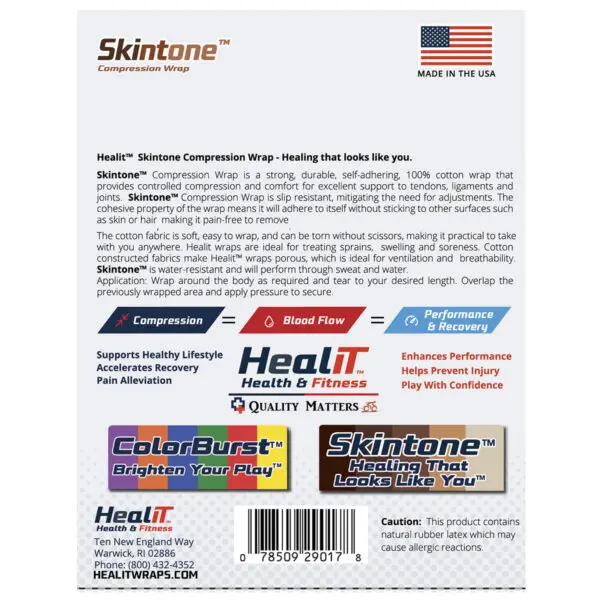 Packaging for Skintone Compression Wrap, highlighting its healing benefits, flexibility, color variety, and company info. Includes a barcode and the American flag, emphasizing the superior comfort of this compression wrap.