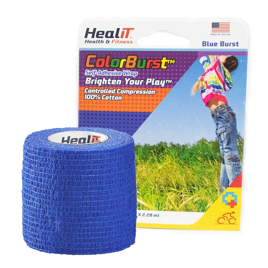 ColorBurst™ Compression Wrap—blue self-adhering roll shown in front of its packaging, which displays a person jumping in a field.