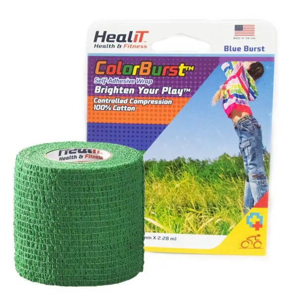 A roll of green ColorBurst™ Compression Wrap sits in front of packaging labeled ColorBurst, which shows a person jumping in a grassy field.