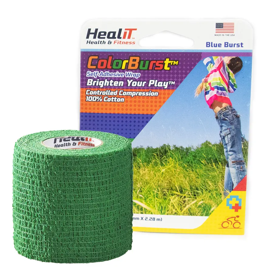 A roll of green ColorBurst™ Compression Wrap sits in front of packaging labeled ColorBurst, which shows a person jumping in a grassy field.