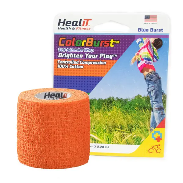 An orange ColorBurst™ Compression Wrap sits in front of its box, which shows an active person outdoors along with product details.