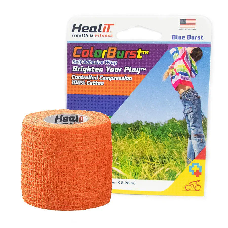 An orange ColorBurst™ Compression Wrap sits in front of its box, which shows an active person outdoors along with product details.