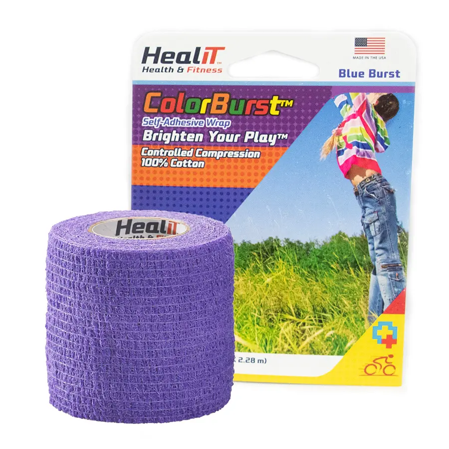 A roll of purple ColorBurst™ Compression Wrap sits in front of its packaging, labeled from HealIT Health & Fitness.