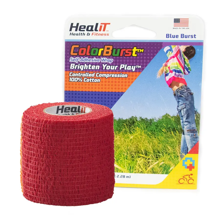 A red ColorBurst™ Compression Wrap is placed in front of Blue Burst packaging, which displays a jumping person wearing a colorful shirt.