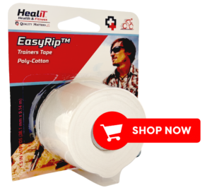 A package of ShieldGrip™ Compression Wrap (poly-cotton compression wrap) with a red Shop Now button overlay.