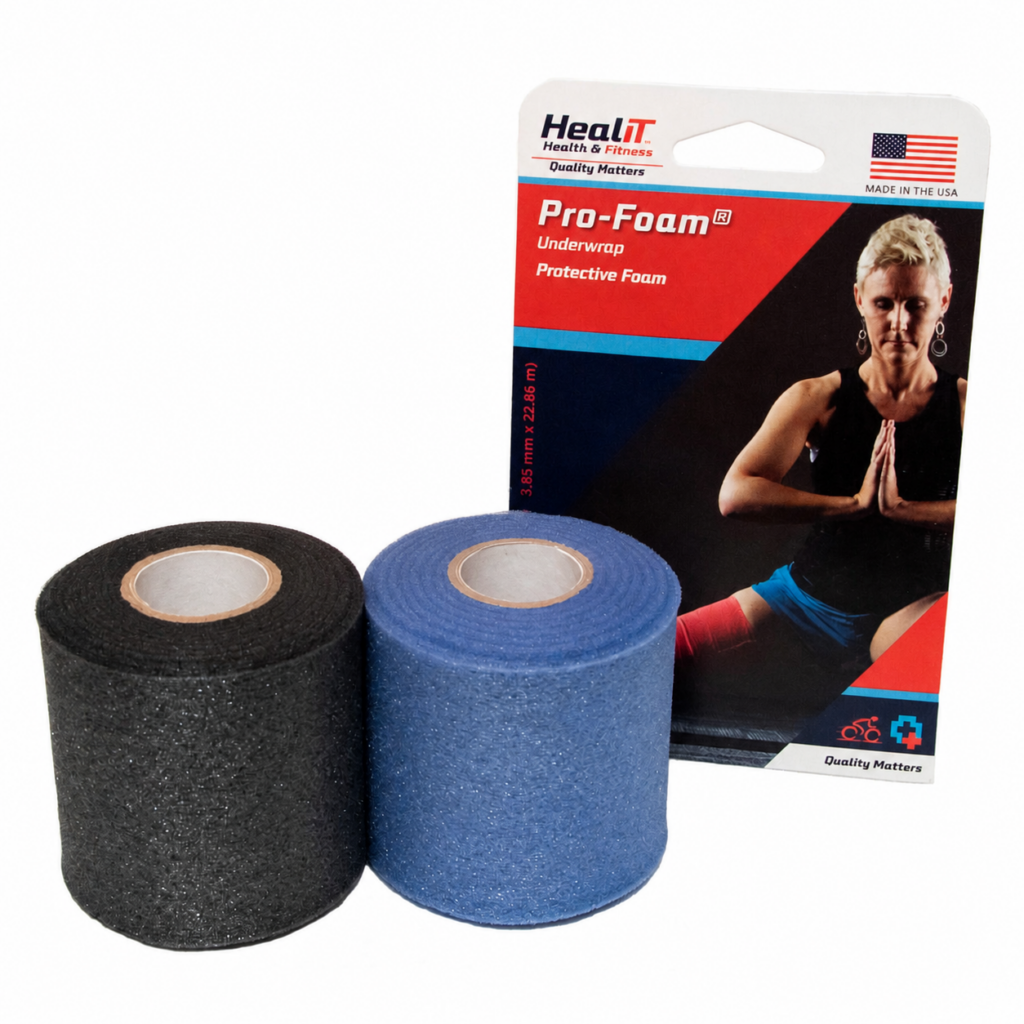 Two rolls of underwrap protective foam are displayed in front of the product’s packaging featuring a person in workout attire—perfect for use under any compression wrap.
