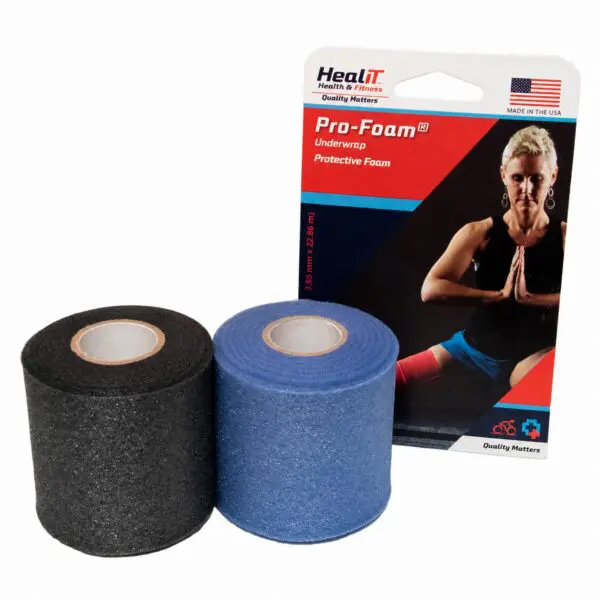 Two rolls of underwrap protective foam are displayed in front of the product’s packaging featuring a person in workout attire—perfect for use under any compression wrap.