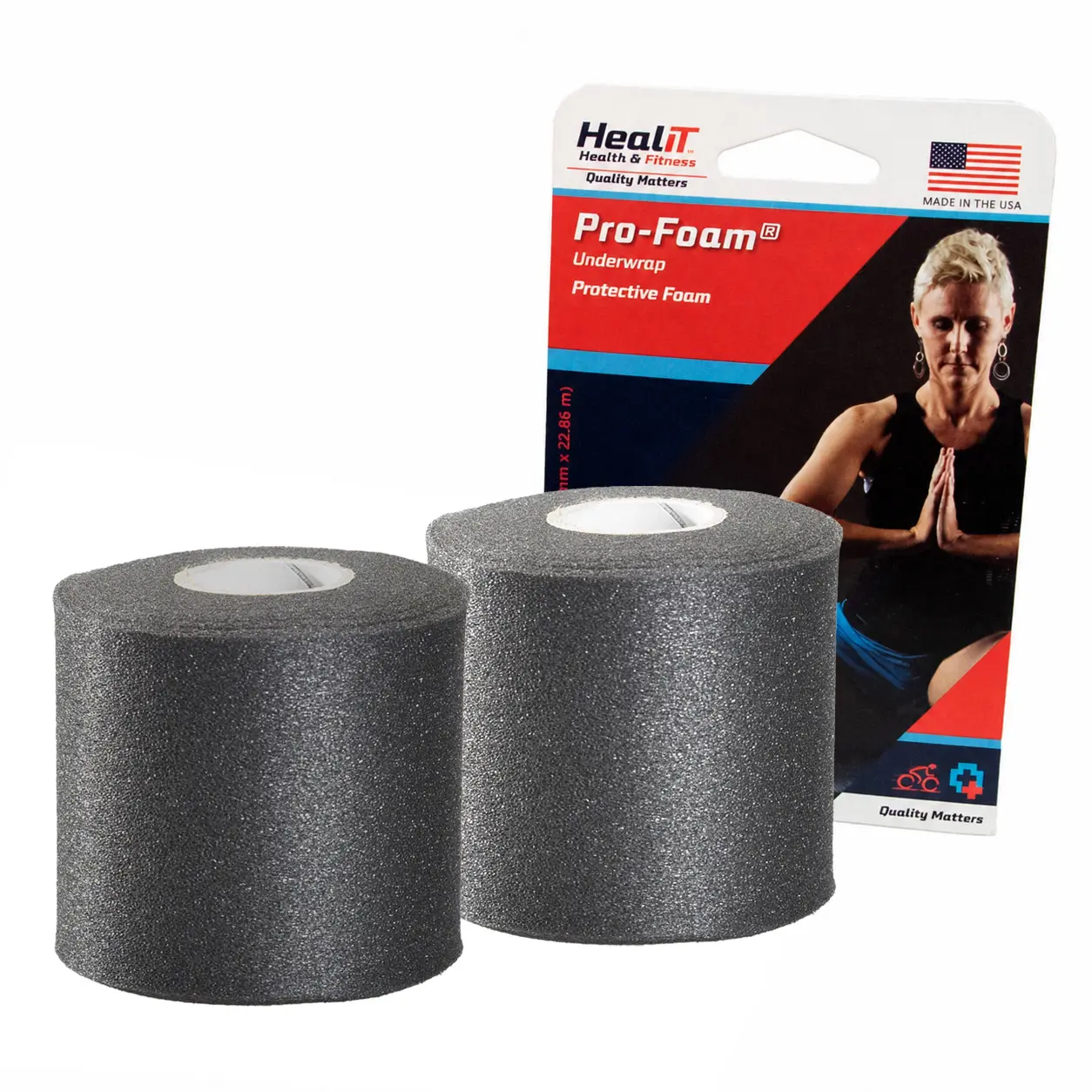 Two rolls of black Profoam underwrap are shown in front of the packaging, which displays an image of a person doing a yoga pose.
