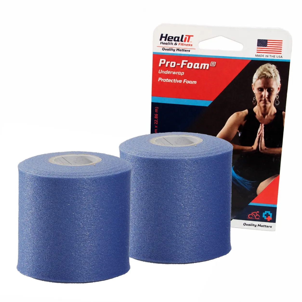 Two rolls of blue Profoam underwrap with packaging featuring a fitness image and American flag—ideal as athletic tape underwrap.