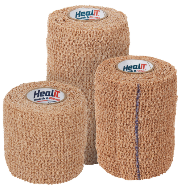 Three rolls of beige ShieldGrip™ Compression Wrap in tan cotton, each with HealIt Health & Fitness labels—one roll includes a blue guideline—all displayed upright against a white background.
