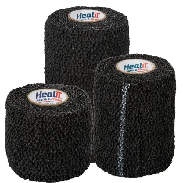 Three rolls of black ShieldGrip™ Compression Wrap, labeled HealIT Health & Fitness, are displayed against a white background.