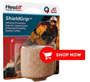 A package of ShieldGrip™ Compression Wrap with a cyclist on the label, featuring a prominent red Shop Now button overlaid on the image.