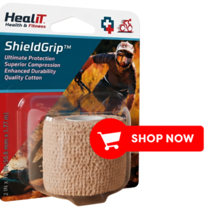 A package of ShieldGrip™ Compression Wrap with a cyclist on the label, featuring a prominent red Shop Now button overlaid on the image.